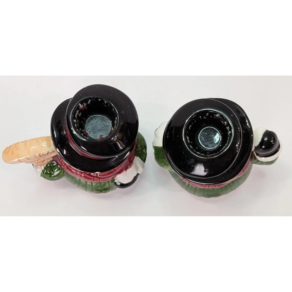 Snowman Taper Candle Holders Set of 2 White Red Green Good Ceramic